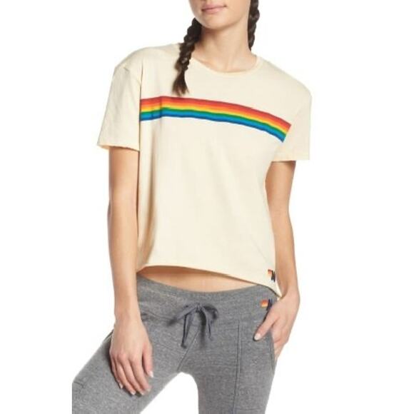 Aviator Nation Tops - AVIATOR NATION Rainbow 7-Stripe Cropped Distressed Tee Size S ASO Shelby Simmons